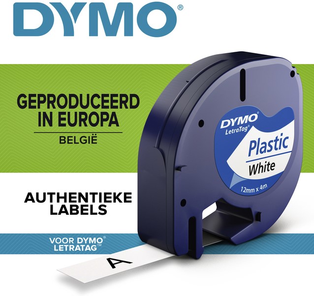 Ruban Dymo Letratag 91201 plastique 12mm noir sur blanc