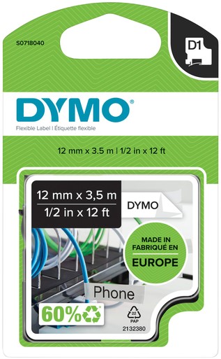 Ruban Dymo D1 16957 718040 12mmx3,5m nylon noir sur blanc sur