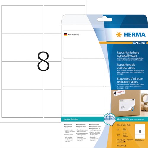 Etiket HERMA 10018 99.1x67.7mm verwijderb wt 200st 25 Vel