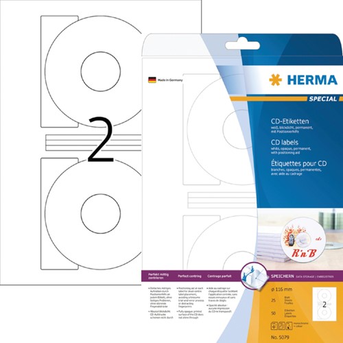 Etiket HERMA 5079 CD 116mm wit opaqua 50stuks 25 Vel