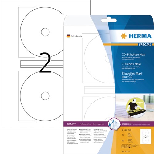 Etiket HERMA 5115 CD 116mm wit 50stuks 25 Vel