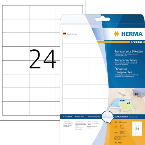 Etiket HERMA 4681 66x33.8mm transparant 600stuks 25 Vel