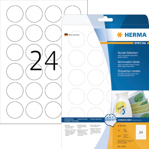 Etiket HERMA 5066 rond 40mm verwijderb wit 600st 25 Vel